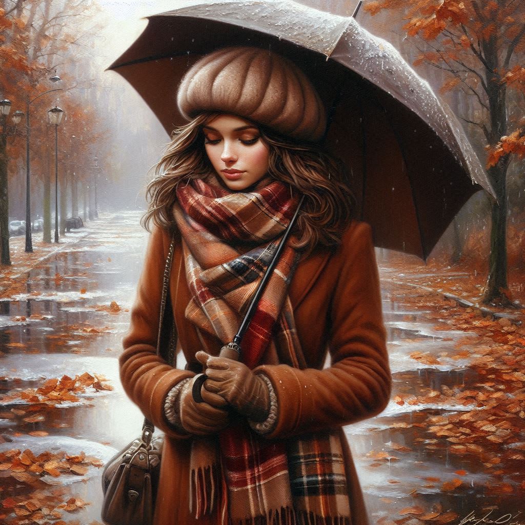 Late autumn, November, oil painting, beautiful young woman in a brown coat, warm plaid scarf, beret,