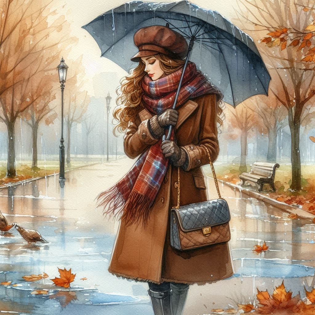 Late autumn, November, watercolor, beautiful young woman in a brown coat, warm plaid scarf, beret, g