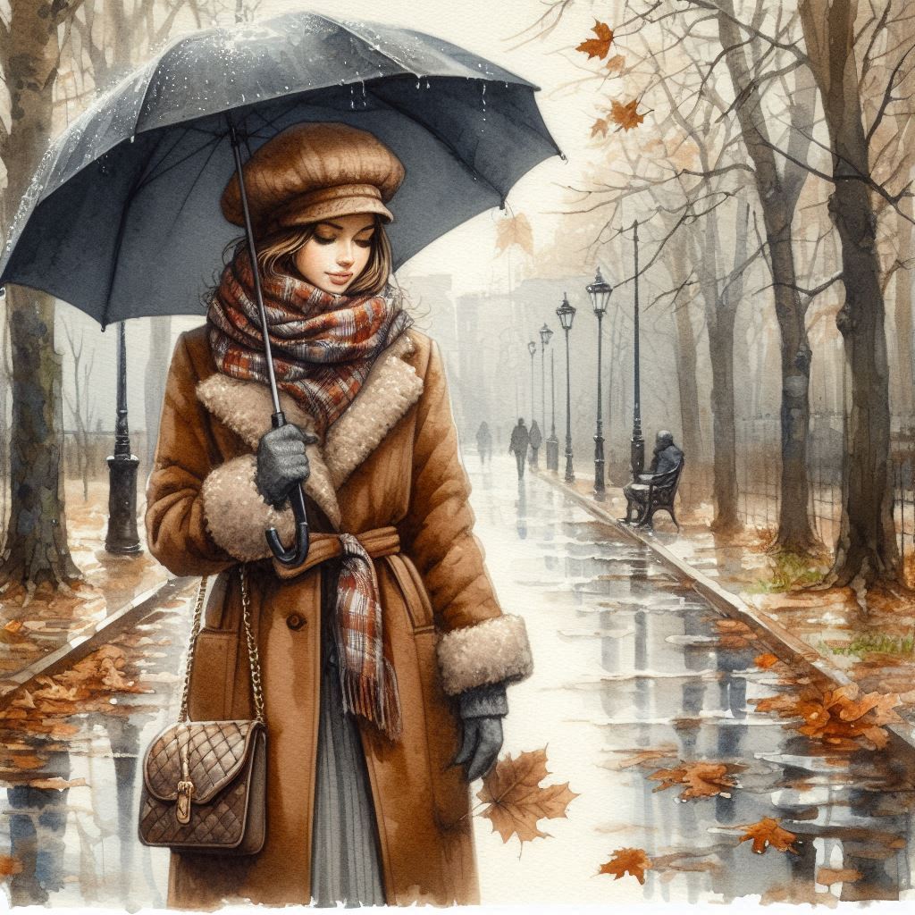 Late autumn, November, watercolor, beautiful young woman in a brown coat, warm plaid scarf, beret, g