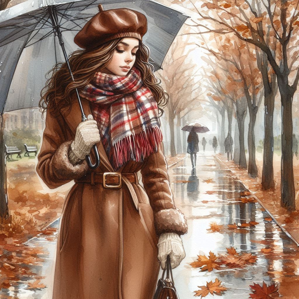 Late autumn, November, watercolor, beautiful young woman in a brown coat, warm plaid scarf, beret, g