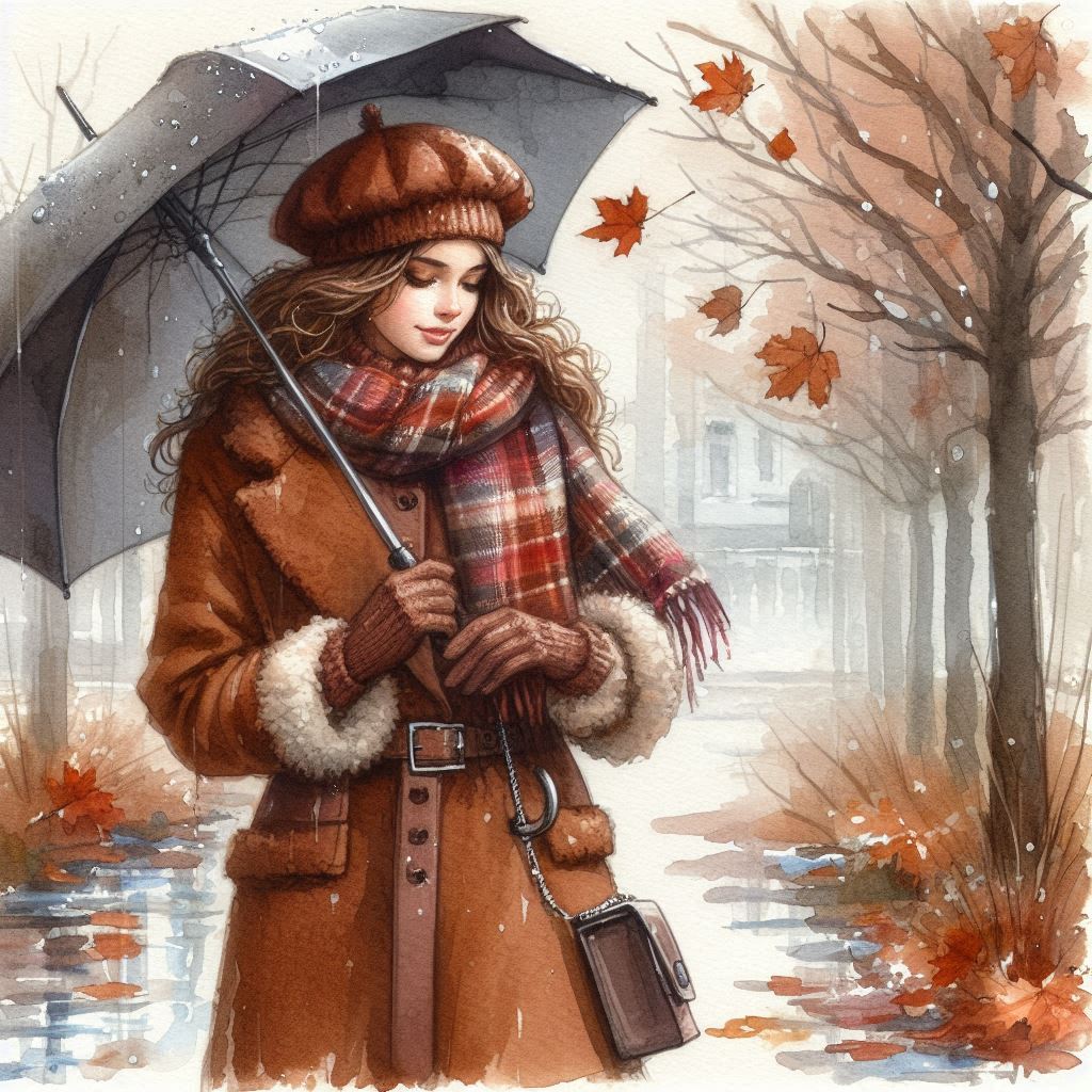 Late autumn, November, watercolor, beautiful young woman in a brown coat, warm plaid scarf, beret, g