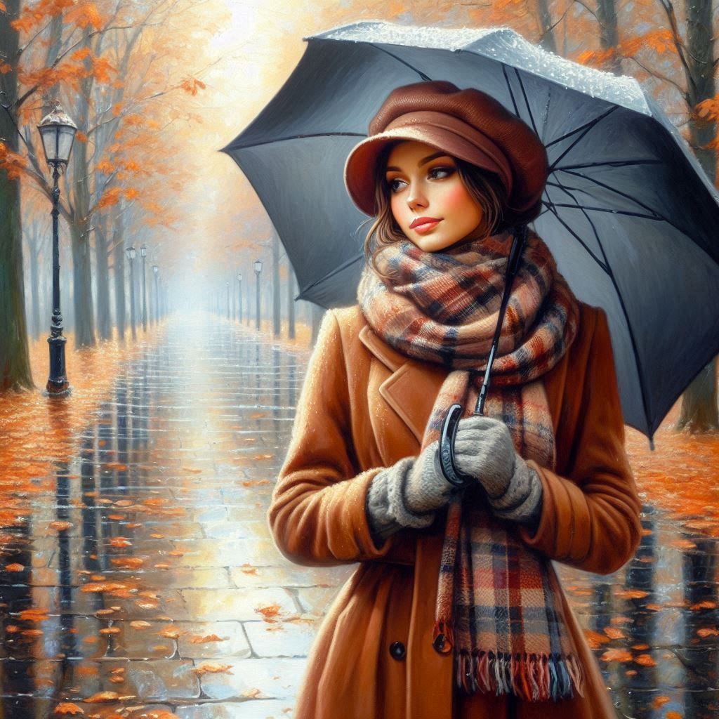 Late autumn, November, oil painting, beautiful young woman in a brown coat, warm plaid scarf, beret,