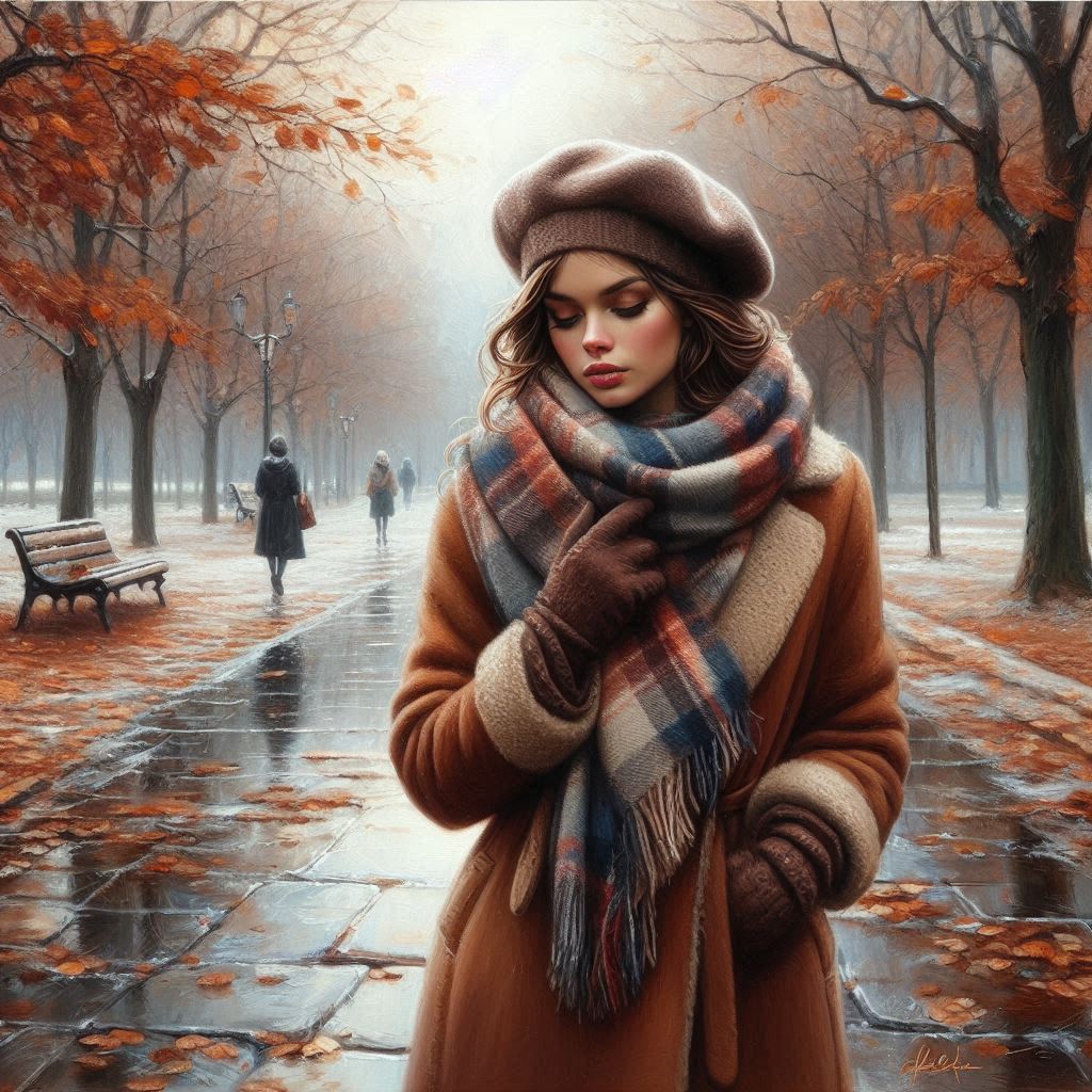 Late autumn, November, oil painting, beautiful young woman in a brown coat, warm plaid scarf, beret,