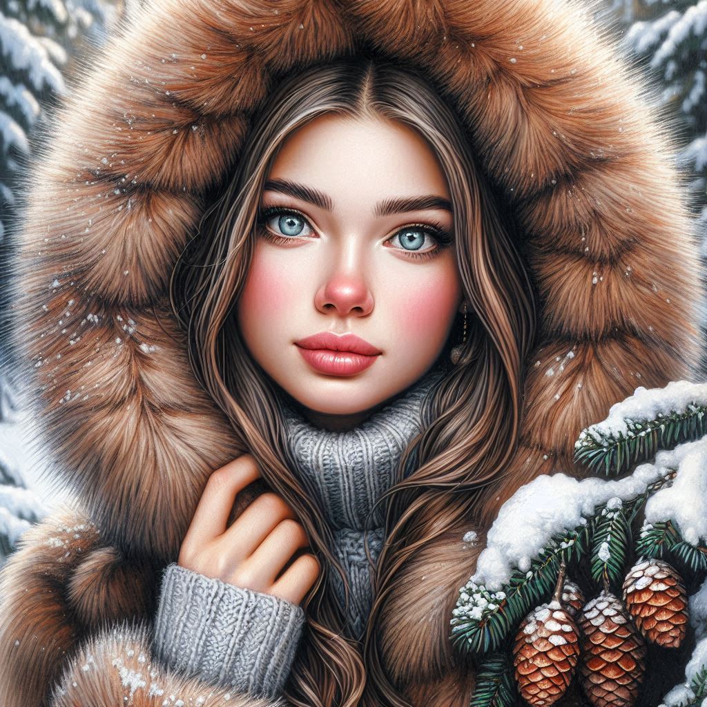 A young Russian woman with hazel green eyes in winter clothes with a fur hood, an involuntary pose,