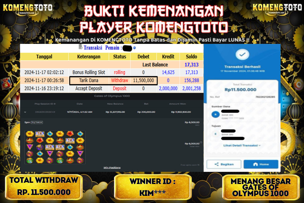 LAGI & LAGI!! KEMENANGAN BESAR DI SLOT  GATES OF OLYMPUS 1000  SEBESAR Rp.11.500.000 KOMENGTOTO BAYAR LUNAS SECEPAT KILAT !! KOMENGTOTO BAYAR SECEPAT KILAT !!