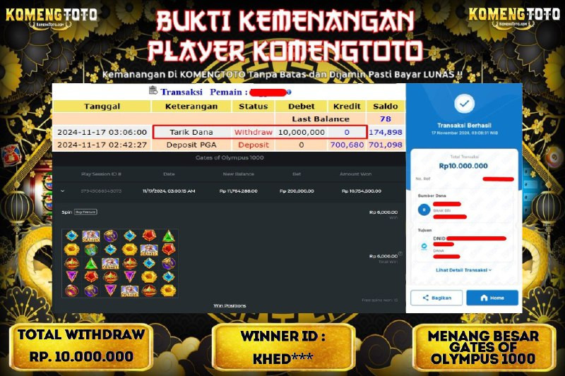 LAGI & LAGI!! KEMENANGAN BESAR DI SLOT  GATES OF OLYMPUS 1000  SEBESAR Rp.10.000.000 KOMENGTOTO BAYAR LUNAS SECEPAT KILAT !! KOMENGTOTO BAYAR SECEPAT KILAT !!